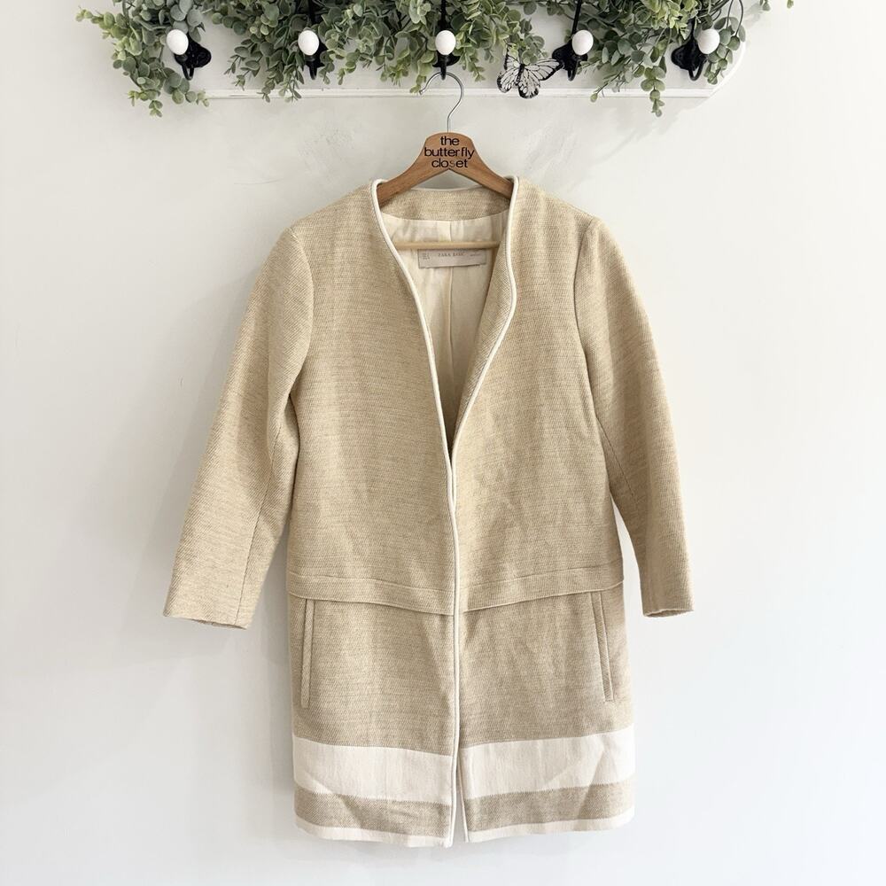 Zara Tan/beige Linen Blend Open Front Long Line Blazer 3/4 Sleeve Small ZZ